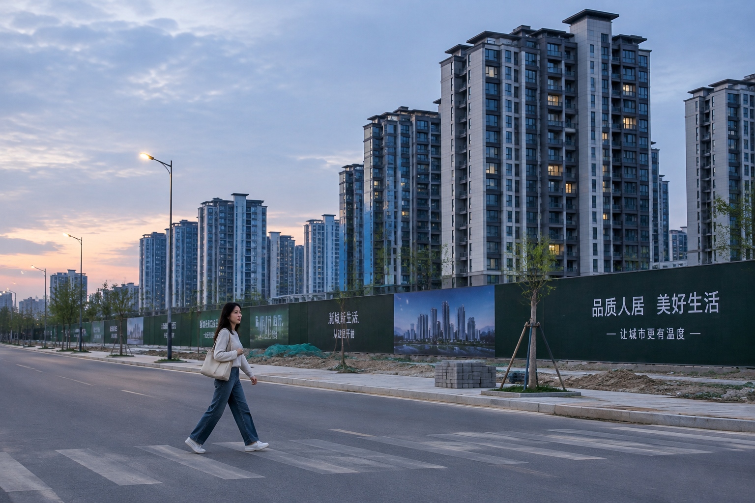 A newly built residential district on the edge of a Chinese city at dusk, with only some apartment windows lit and construction hoarding along an empty road