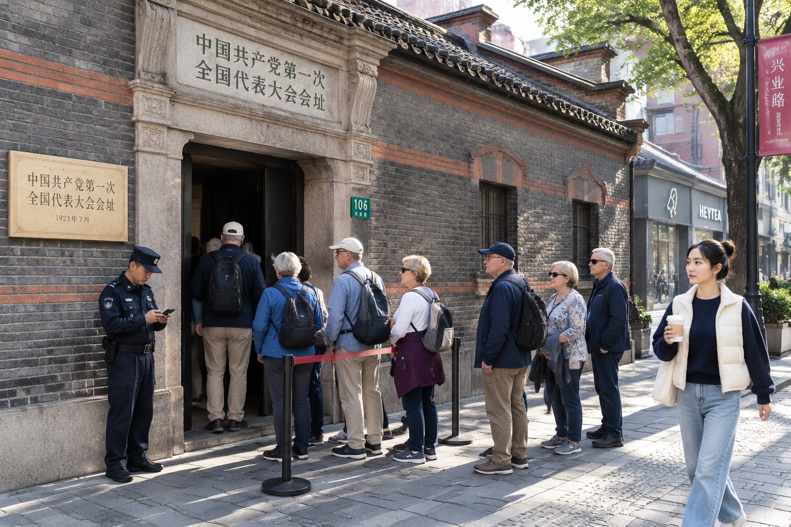 Western tourists queue outside the shikumen building on Xingye Road in Shanghai that houses the site of the First National Congress of the Communist Party of China