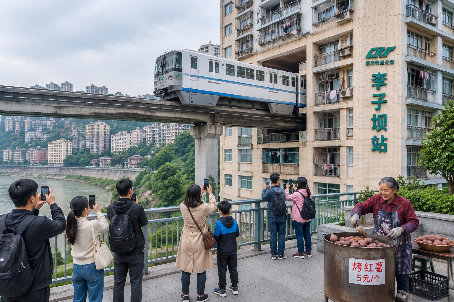 Monorail train on Chongqing Metro Line 2 passing through an apartment building at Liziba Station while tourists photograph it from a viewing platform below