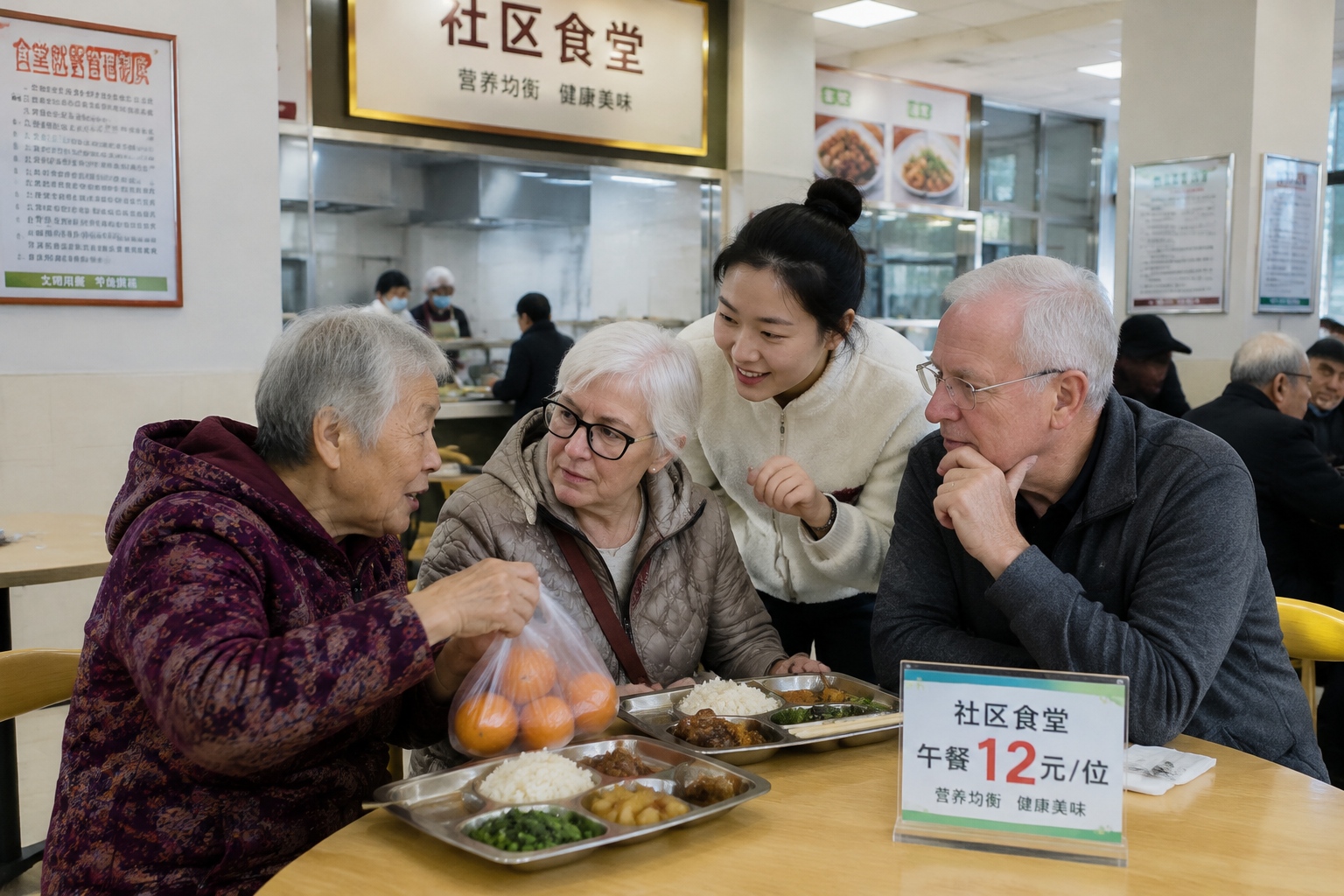 Elderly Chinese residents sharing a table with American visitors at a subsidized community canteen in Chongqing, one woman offering oranges from a plastic bag