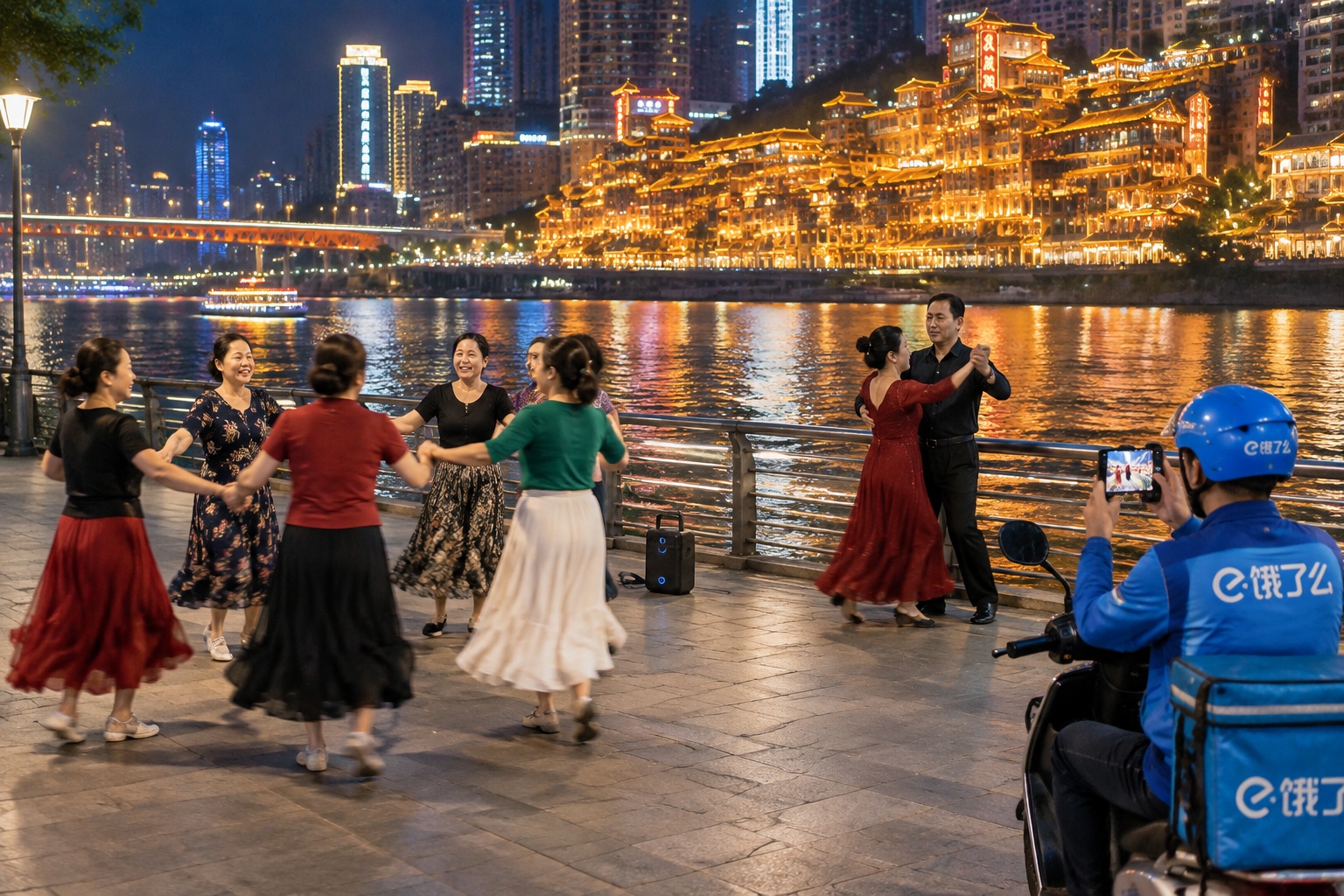 Evening dance groups and a food delivery rider on the Nanbin Road riverside promenade in Chongqing, with the lit-up Hongyadong stilt-house complex across the river