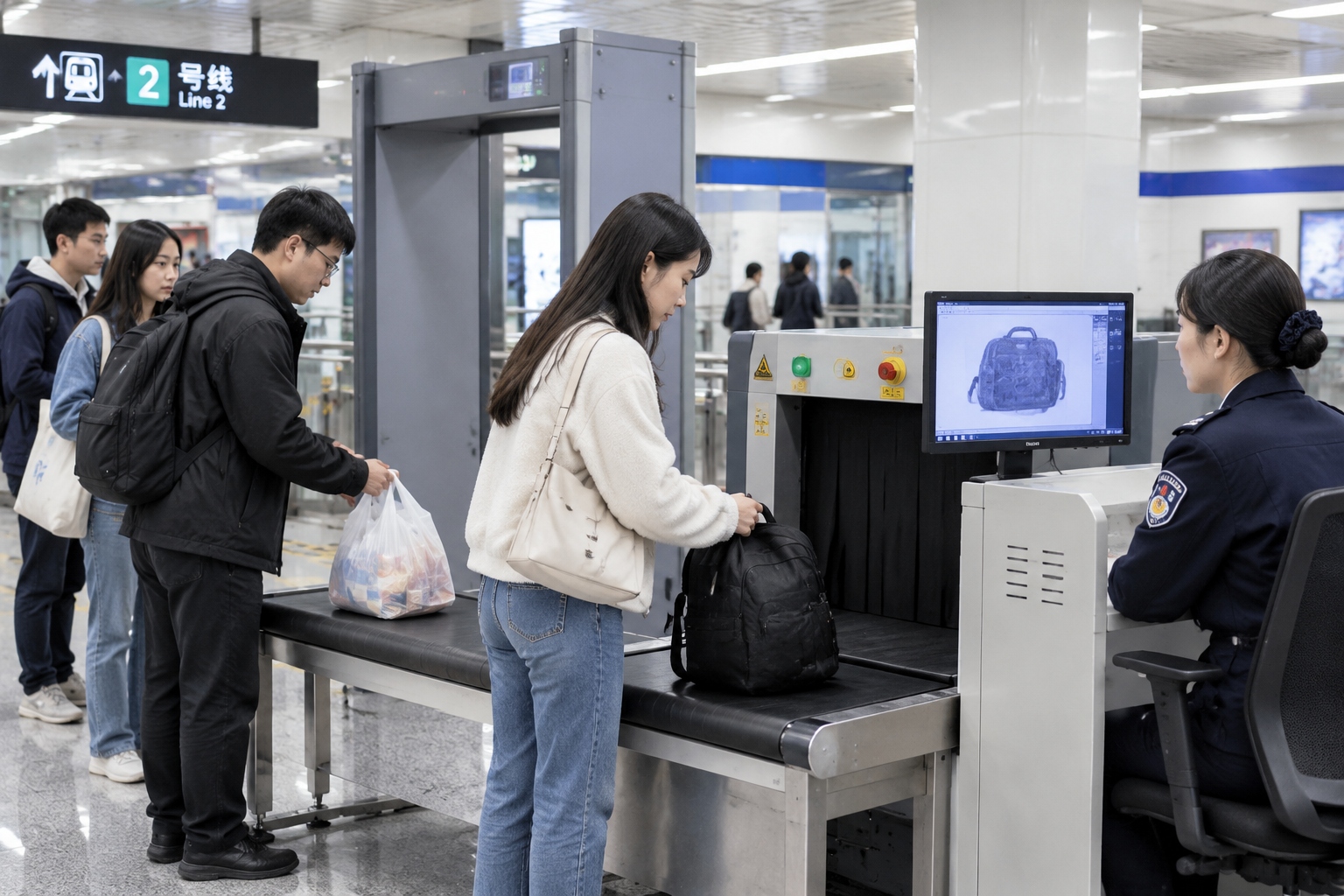 Commuters placing their bags on the X-ray belt at a subway security checkpoint in a Chinese city during rush hour