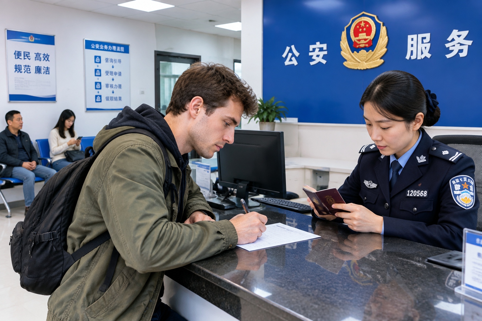 A foreign visitor filling in an address registration form at a local police station window in China while an officer checks his passport