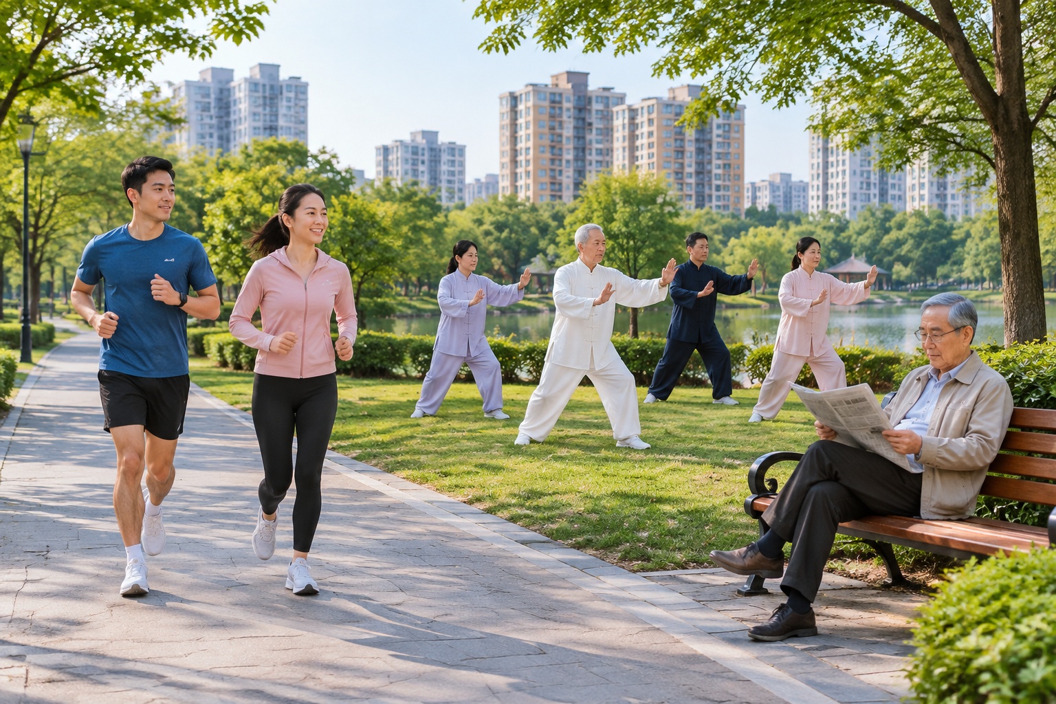 Early morning in a Chinese city park with residents jogging, practicing tai chi and reading newspapers before work