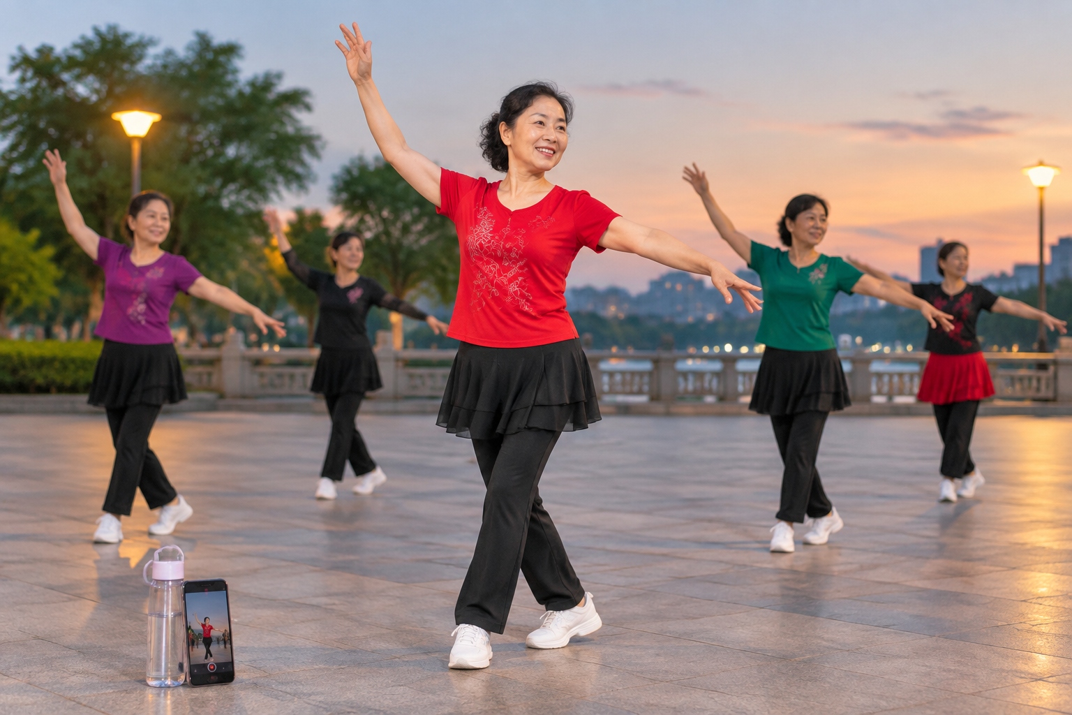 Strangers Dancing and Chatting: What American Visitors Envy About Chinese Square Life 22 A woman in her sixties dances in the front row of a square dance group in a Chinese city plaza at dusk while a phone records the routine.