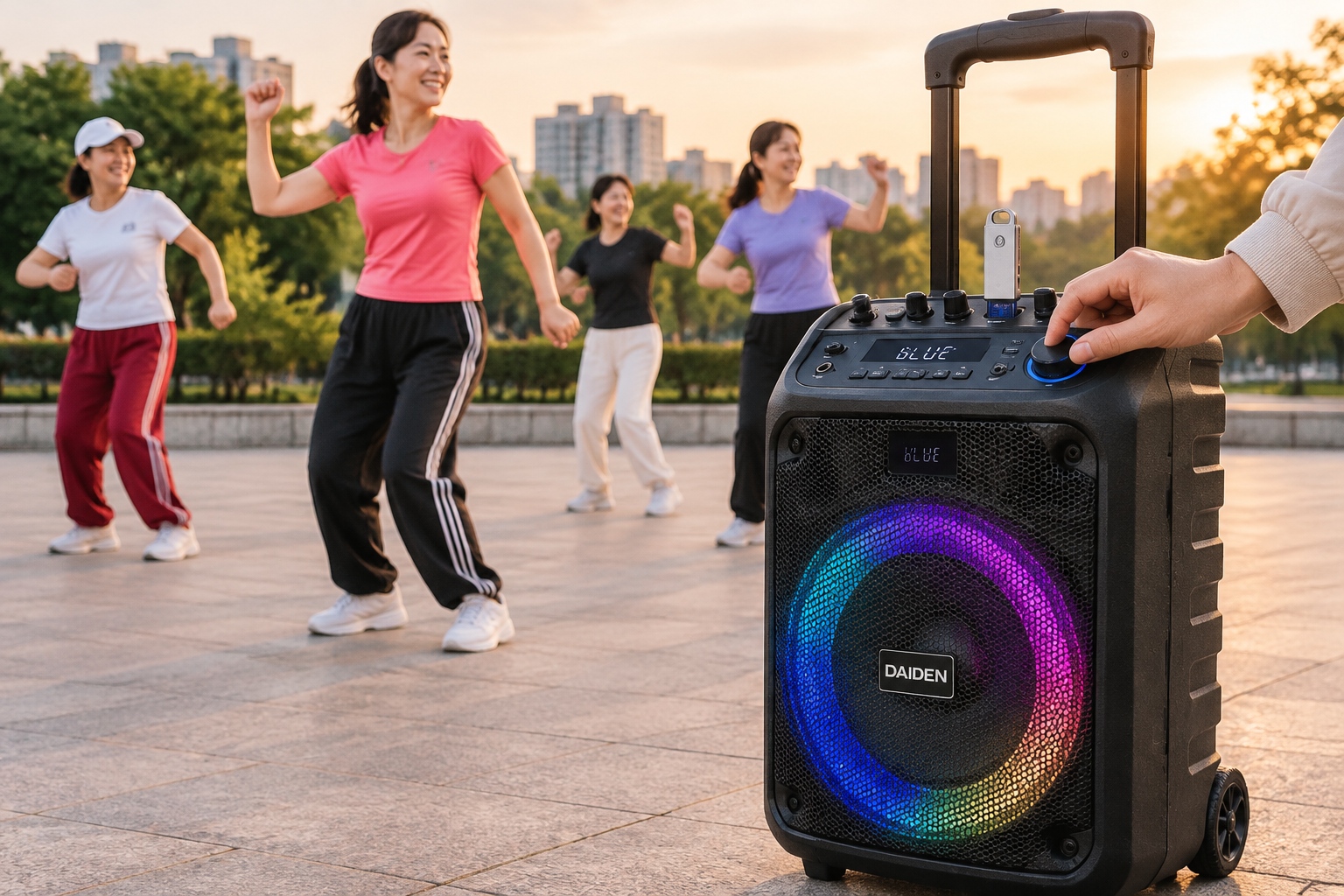 Strangers Dancing and Chatting: What American Visitors Envy About Chinese Square Life 23 A hand adjusts the volume on a portable speaker on a wheeled trolley during an evening square dance in a Chinese plaza.