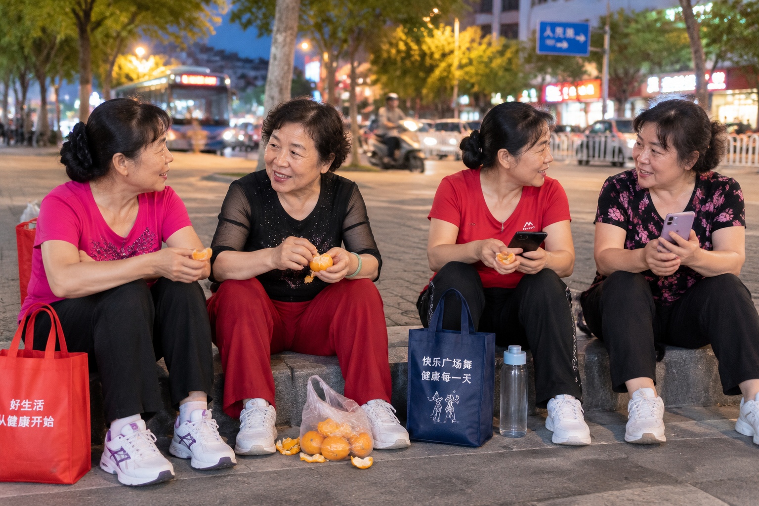 Strangers Dancing and Chatting: What American Visitors Envy About Chinese Square Life 24 Women sit on a curb after square dancing in China, sharing oranges and chatting while phone screens glow in the dark.