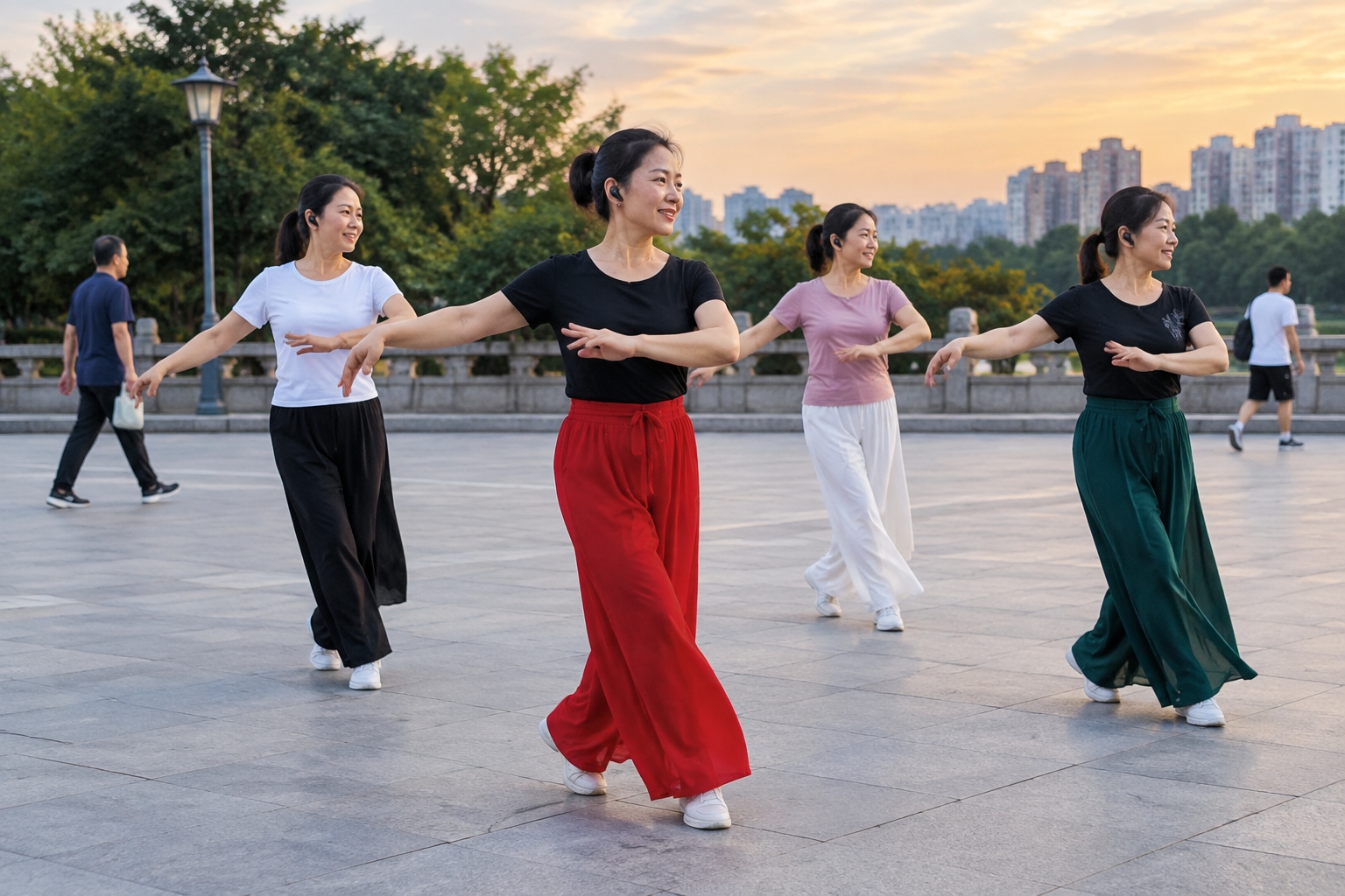 Strangers Dancing and Chatting: What American Visitors Envy About Chinese Square Life 25 A silent square dance group in a Chinese park wears wireless earpieces so nearby residents cannot hear the music.