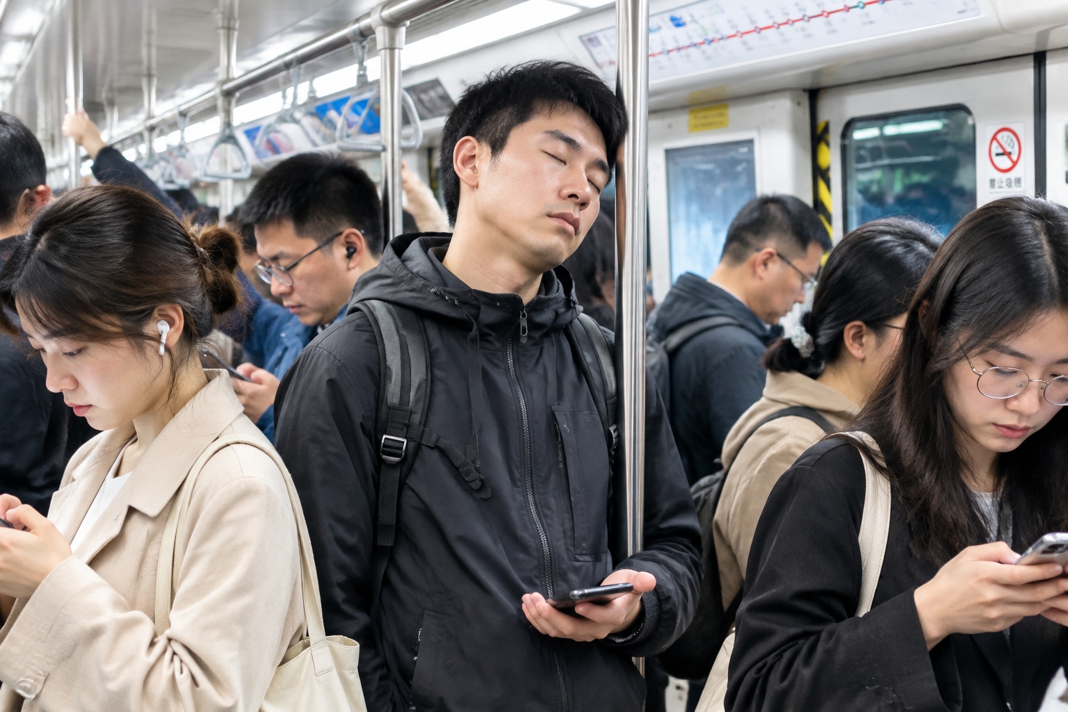 Beijing Subway Is Packed, So Why No Phone Theft? An American Puzzle 22 Commuters packed inside a Beijing subway car during morning rush hour, several holding smartphones while one man sleeps standing with a phone in his hand