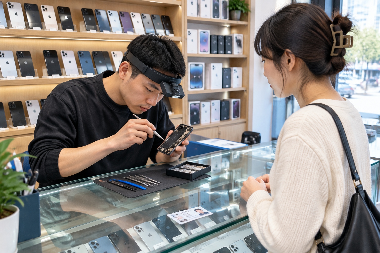 Beijing Subway Is Packed, So Why No Phone Theft? An American Puzzle 23 Clerk at a second-hand phone shop in China inspecting a used smartphone at the counter while a customer stands opposite with an ID card