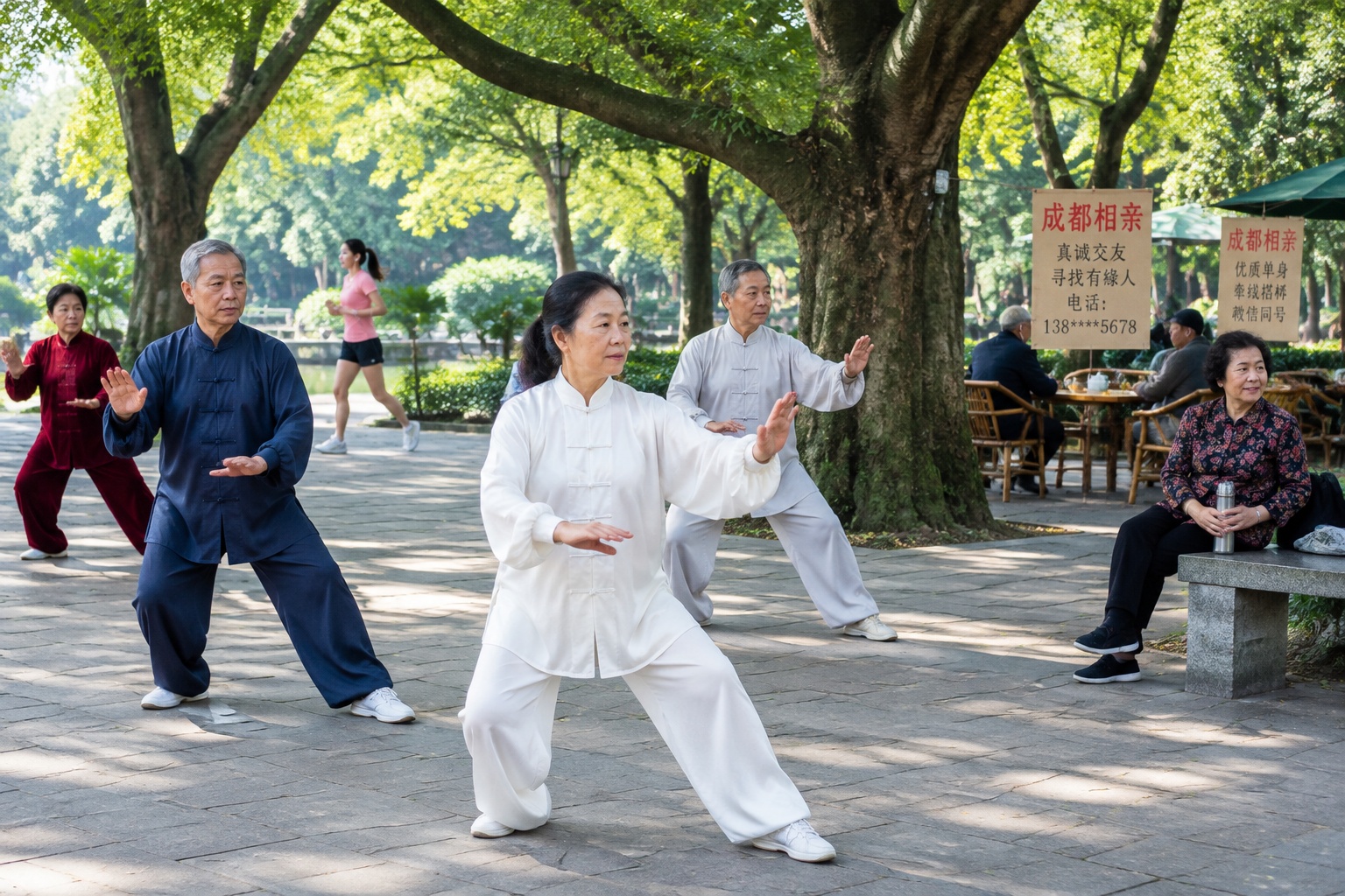 Older residents practicing tai chi in a shaded Chengdu park while a young jogger passes by