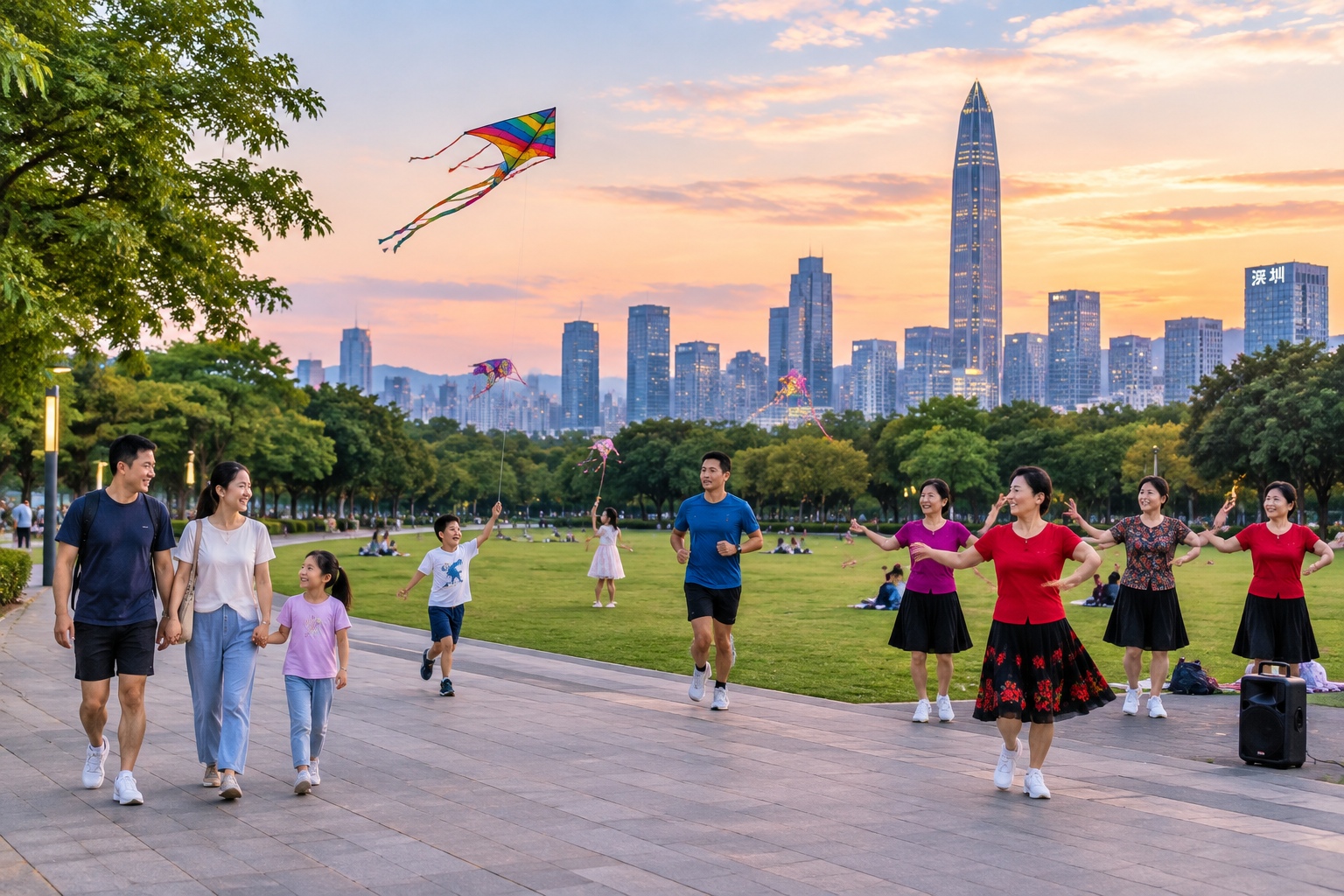 Families, joggers, and square dancers sharing a Shenzhen park at dusk
