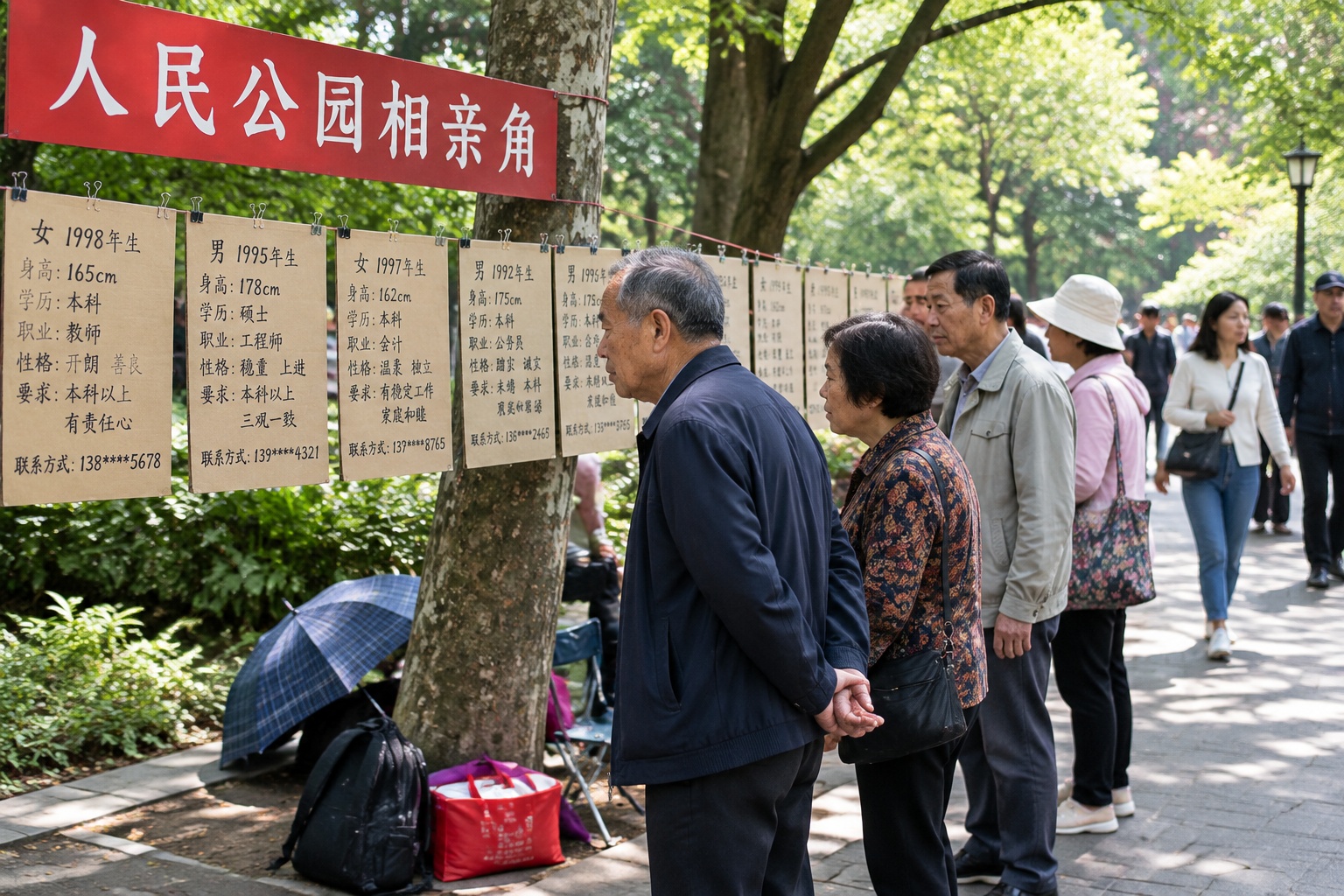 Parents reading cardboard marriage profiles at Shanghai’s People’s Park matchmaking corner