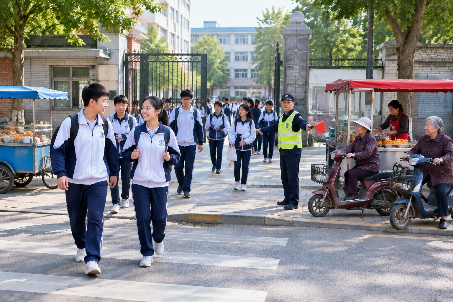 Chinese middle school students in navy and white tracksuits streaming out of a school gate at the end of the day while grandparents wait on electric scooters nearby