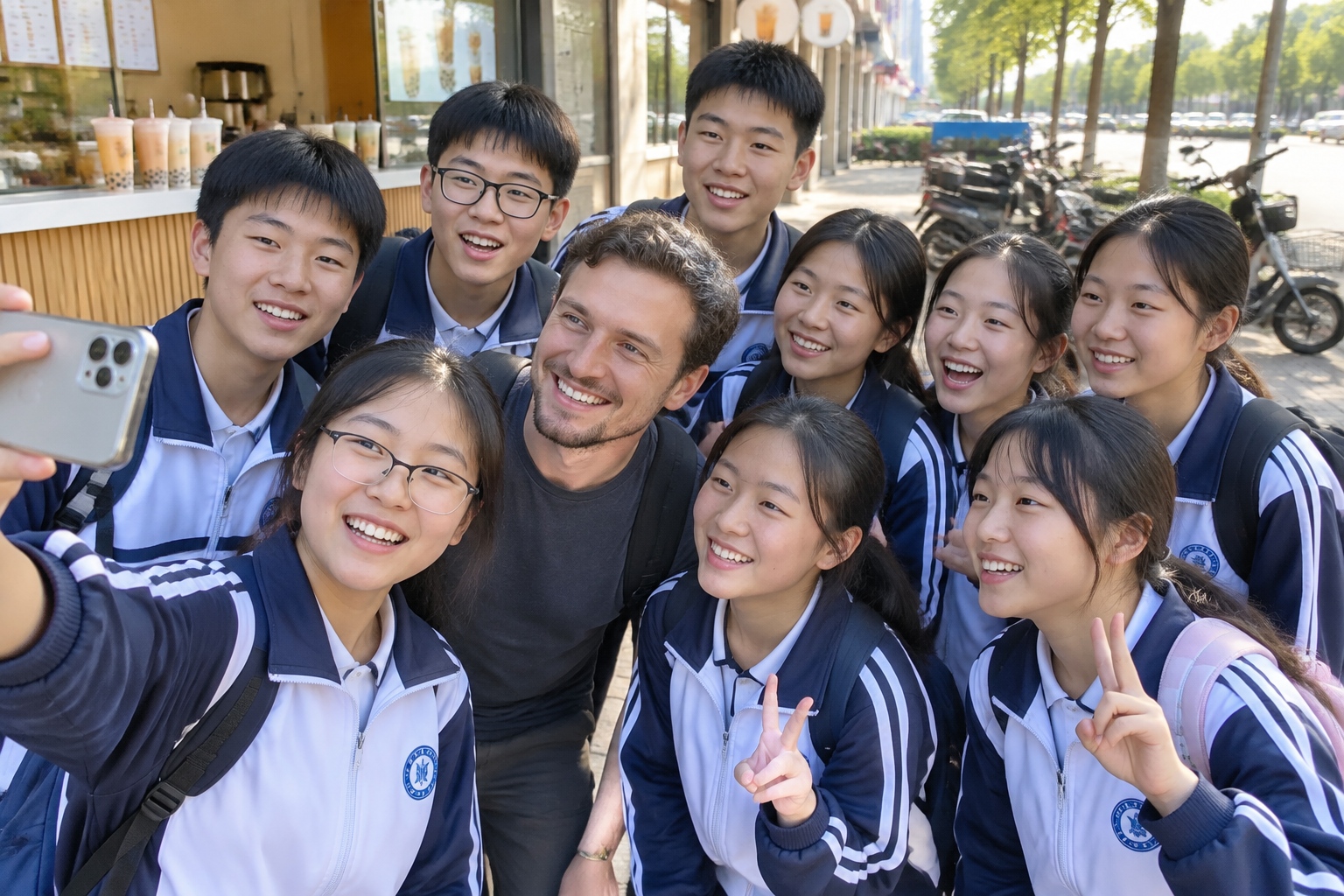 A group of Chinese middle school students taking a group selfie with a foreign visitor on a sidewalk outside their school
