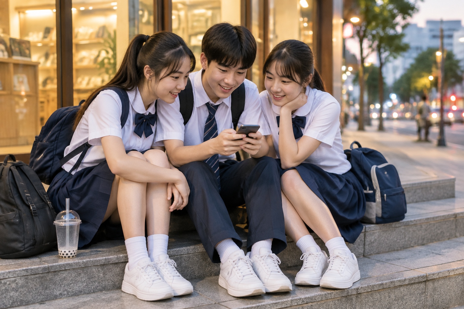Three Chinese high school students sitting on shop steps in the evening looking at photos on a phone after school