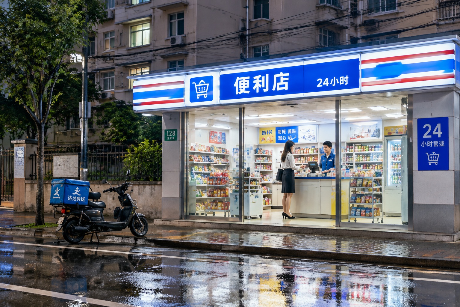 Shanghai, Chengdu, Chongqing, Wuhan: How 10 Days Redrew Americans' Mental Map 22 A young office worker pays inside a brightly lit 24-hour convenience store on a Shanghai residential street at night, with a delivery scooter parked on the wet pavement outside