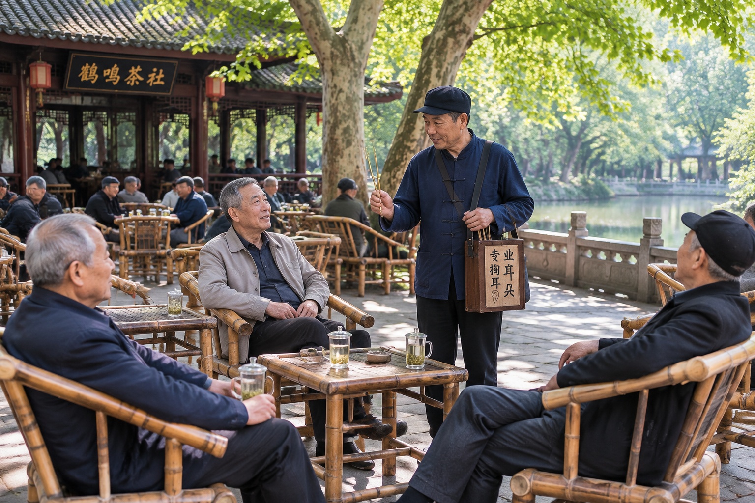 Shanghai, Chengdu, Chongqing, Wuhan: How 10 Days Redrew Americans' Mental Map 23 Retired men drink jasmine tea in bamboo chairs at Heming Teahouse in Chengdu's People's Park while an ear-cleaning vendor walks between the tables holding a tuning fork