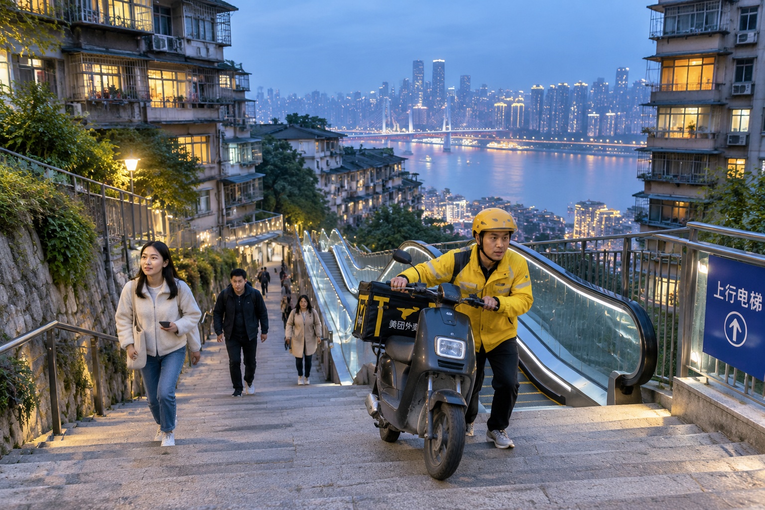 Shanghai, Chengdu, Chongqing, Wuhan: How 10 Days Redrew Americans' Mental Map 24 Commuters climb a long outdoor staircase between apartment blocks in Chongqing at dusk while a delivery rider pushes a scooter up the last steps beside a public escalator