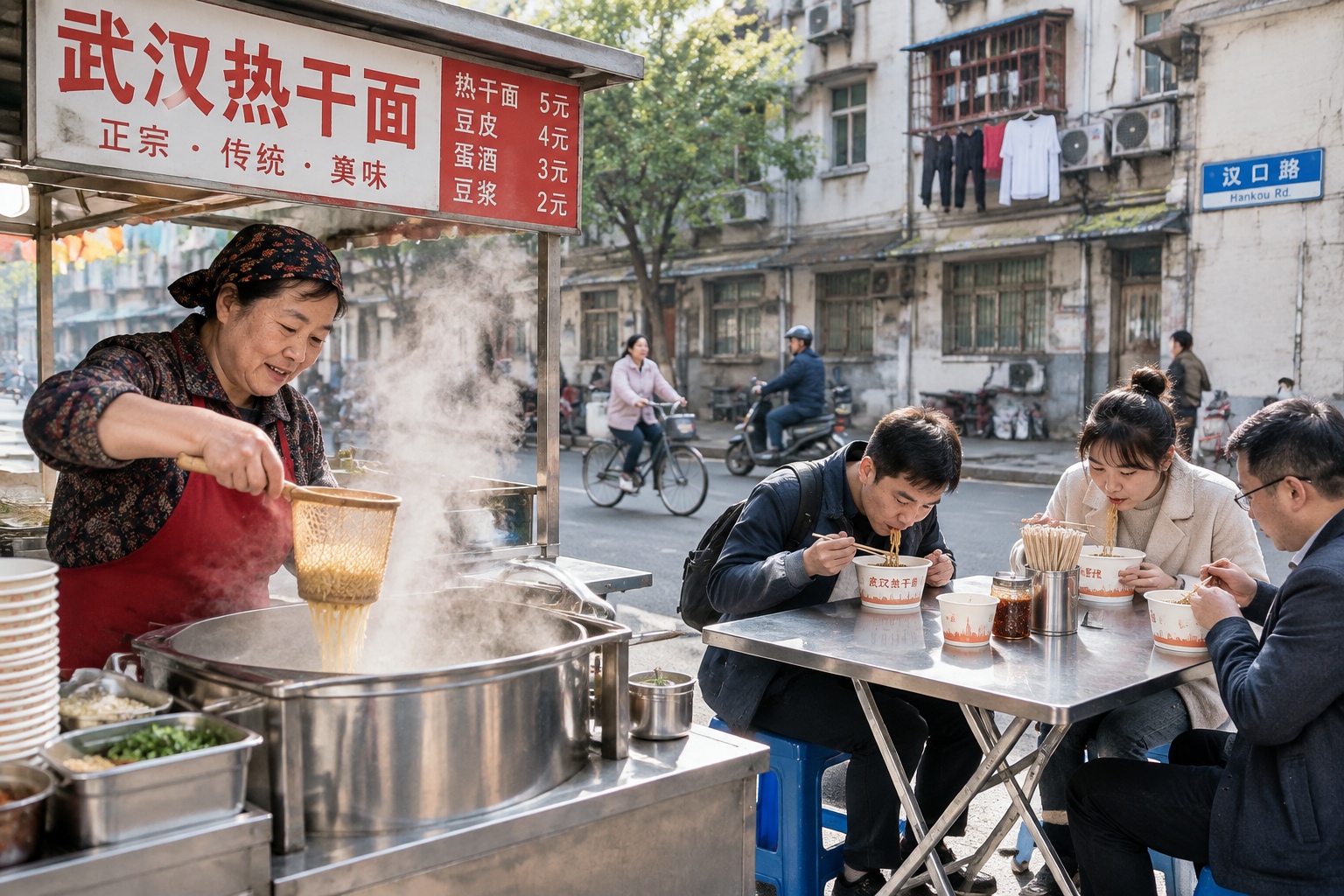 Shanghai, Chengdu, Chongqing, Wuhan: How 10 Days Redrew Americans' Mental Map 25 A Wuhan street vendor lifts noodles from a steaming pot at 7 a.m. while commuters stand at a folding table eating hot dry noodles before work