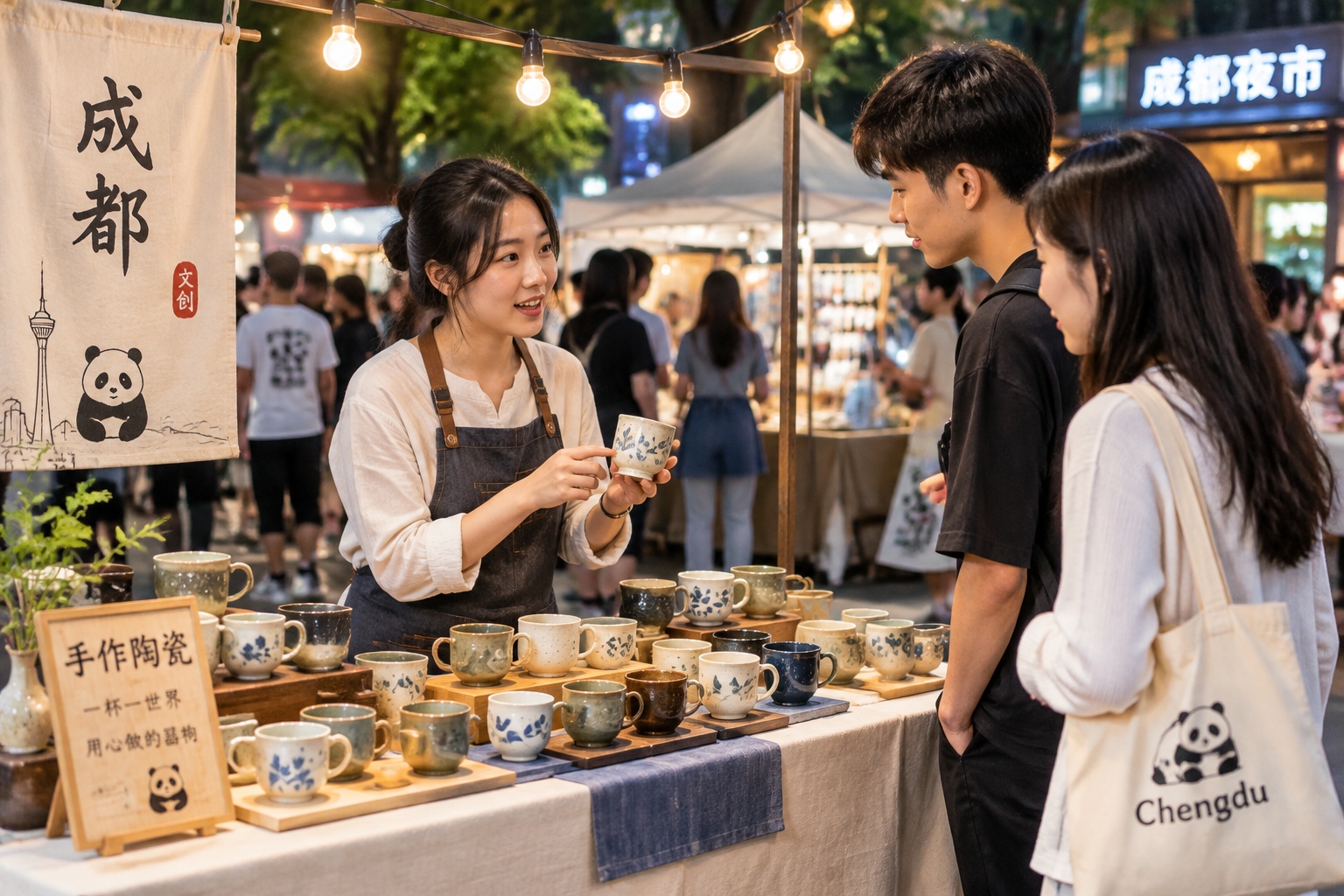 Shanghai, Chengdu, Chongqing, Wuhan: How 10 Days Redrew Americans' Mental Map 26 A young Chengdu ceramics seller talks with customers at a nighttime market stall lit by warm bulbs, with handmade cups arranged on a folding table