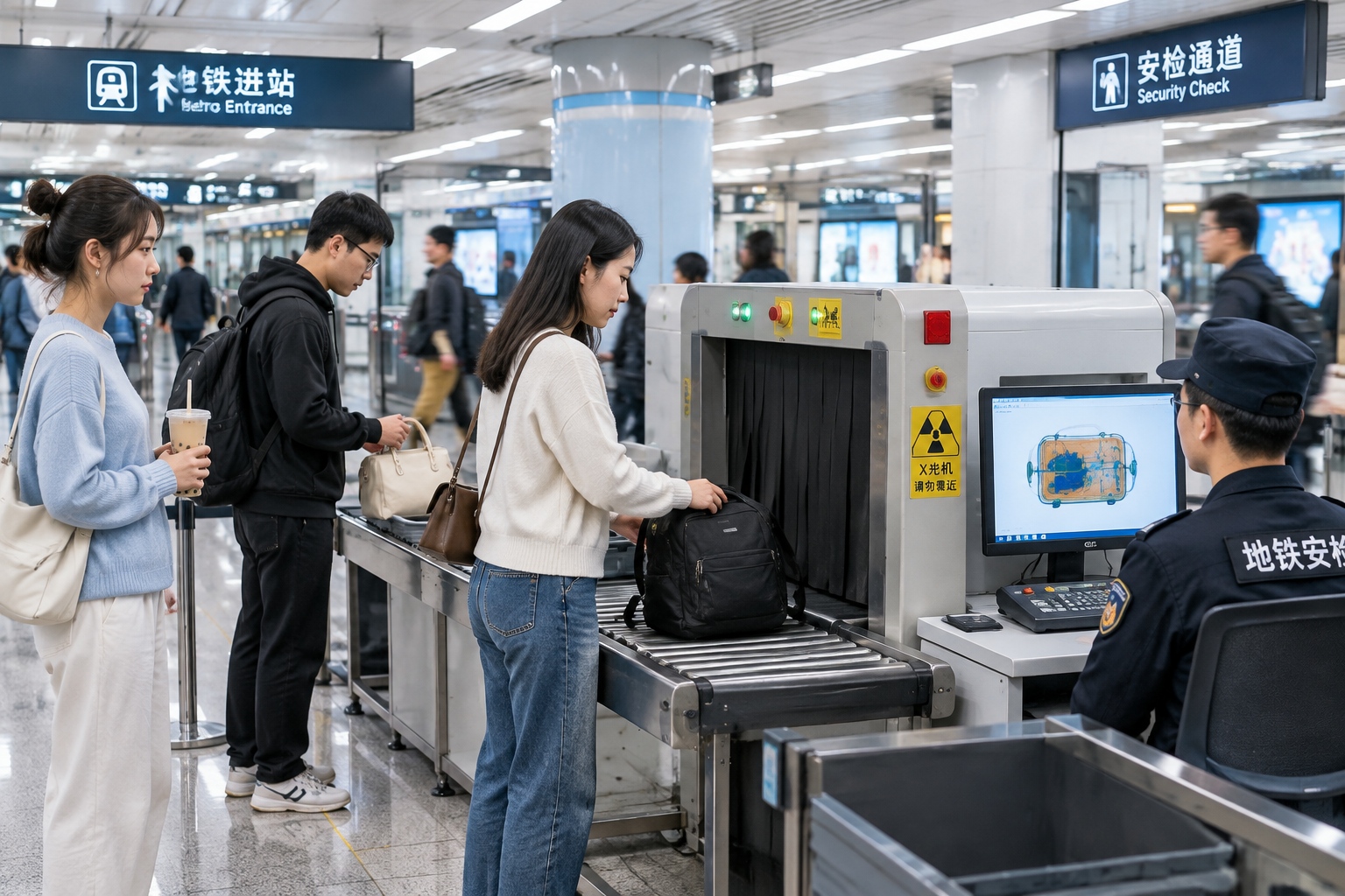 Commuters putting bags through an X-ray security scanner at a busy Chinese subway station entrance during evening rush hour