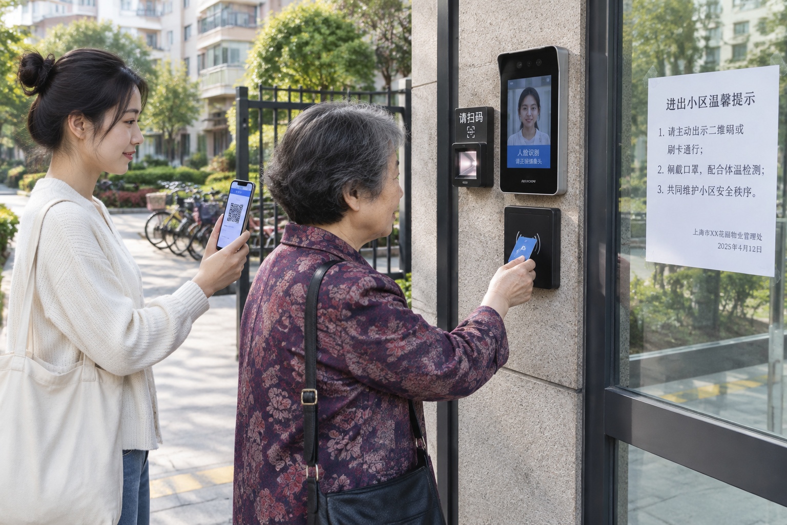 Residents entering a Shanghai apartment compound using a phone QR code and a key card beside a facial recognition terminal at the gate