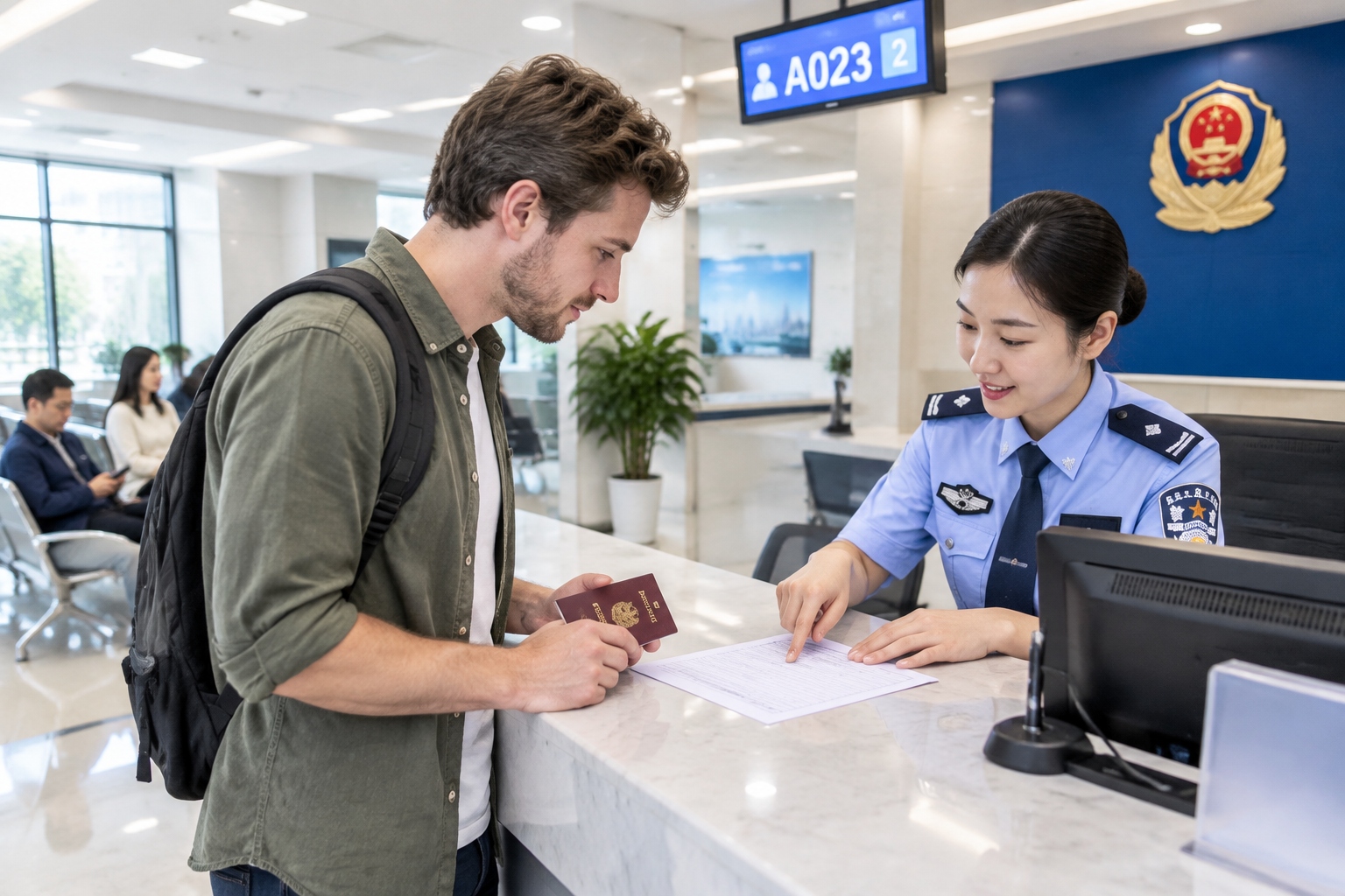 A foreign visitor registering his stay with a passport at the service counter of a local police station in China