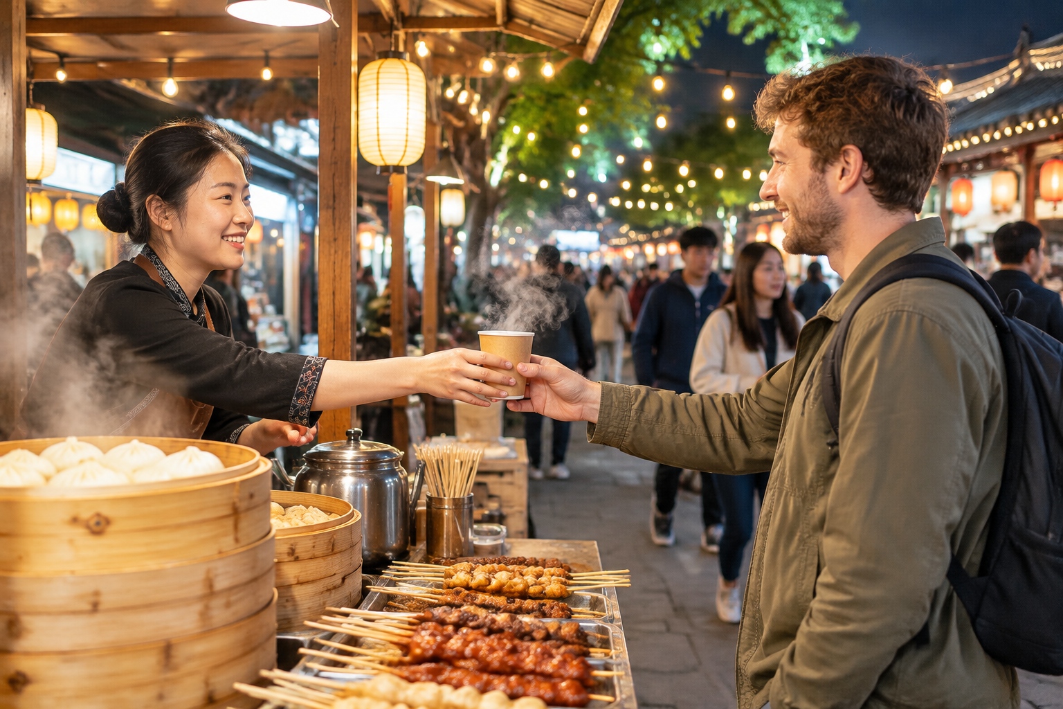 Chinese Society Doesn't Treat Strangers as Threats: 10 Days of Firsthand Experience 22 A vendor handing a cup of tea to a customer at a busy open-air night market in Chengdu, China, with warm string lights and shoppers walking past
