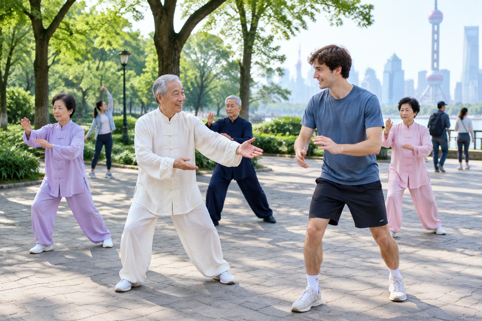 Chinese Society Doesn't Treat Strangers as Threats: 10 Days of Firsthand Experience 23 Elderly people practicing tai chi in a Shanghai park at sunrise while waving a young foreign visitor over to join their line