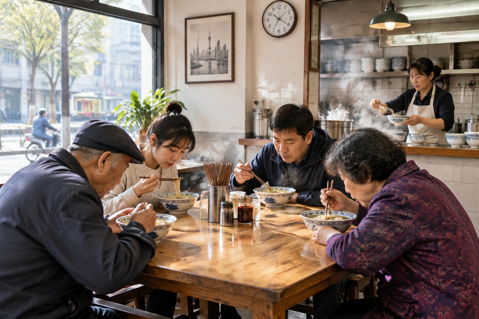 Chinese Society Doesn't Treat Strangers as Threats: 10 Days of Firsthand Experience 24 Strangers of different generations sharing one communal table at a small neighborhood noodle shop in Shanghai during breakfast