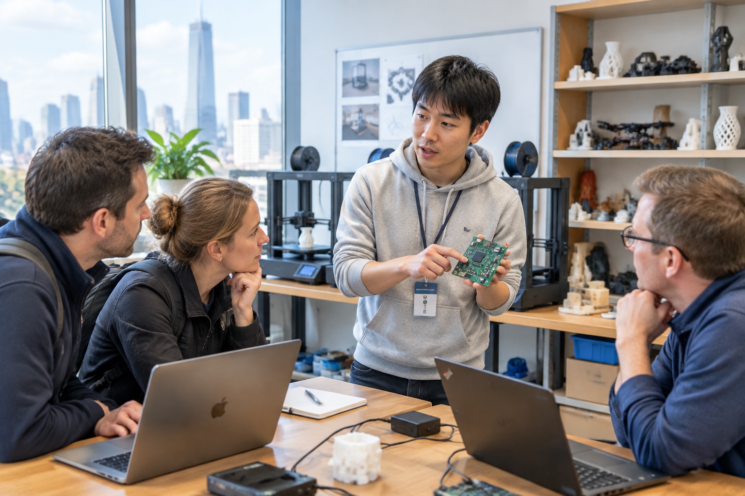 A young Chinese engineer shows a green circuit board to a group of American visitors inside a Shenzhen hardware startup office lined with prototype shelves and 3D printers.