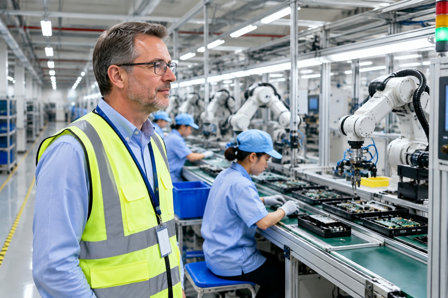 An American machine-shop owner in a visitor safety vest watches robotic arms work along an electronics assembly line inside a Dongguan factory in China.