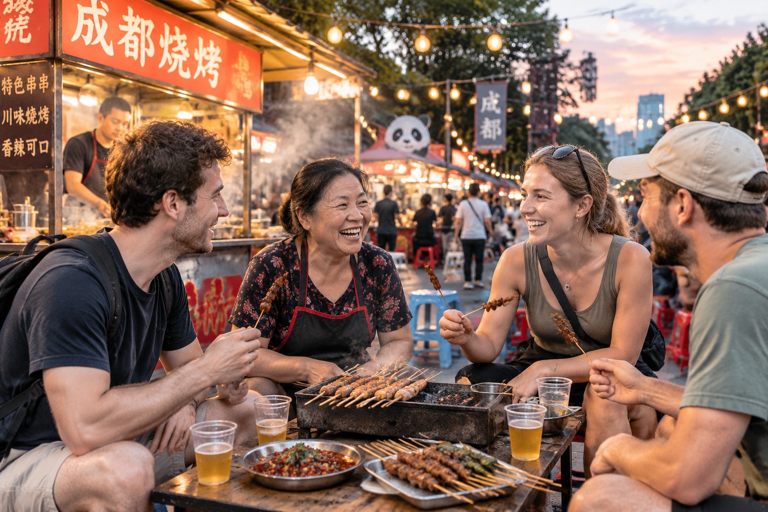 A group of American visitors sit on plastic stools at a Chengdu night market, laughing with a street vendor over skewers and small glasses of beer under warm string lights.