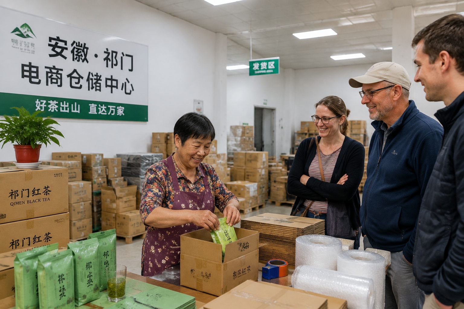 A woman in her sixties wearing a floral apron packs boxes of tea at a rural e-commerce warehouse in Anhui while a small group of American visitors watches from the edge of the room.