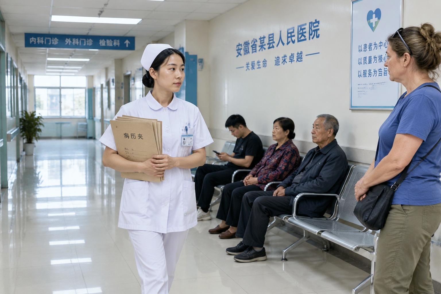 A Chinese nurse carries three patient charts down a county hospital corridor in Anhui while an American ER nurse in casual clothes observes from the side.