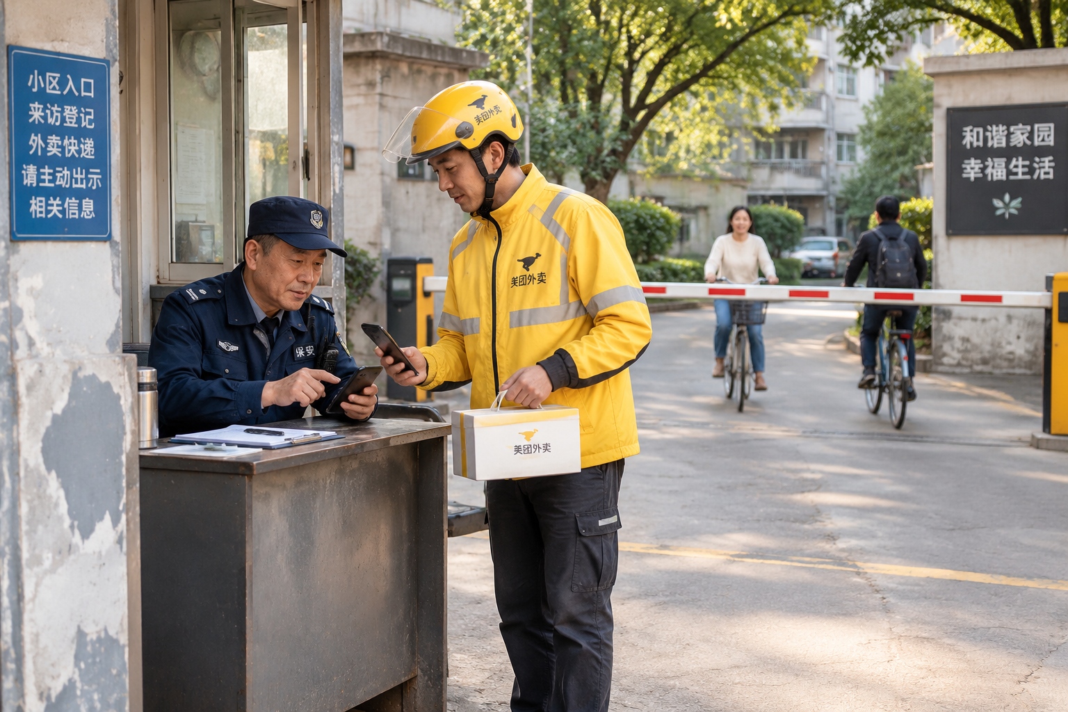 Why So Few Armed Police on Chinese Streets? An American Visitor's Surprise 22 An unarmed security guard in a dark blue uniform checking a delivery rider's phone at the gate of a residential compound in Chengdu, China.