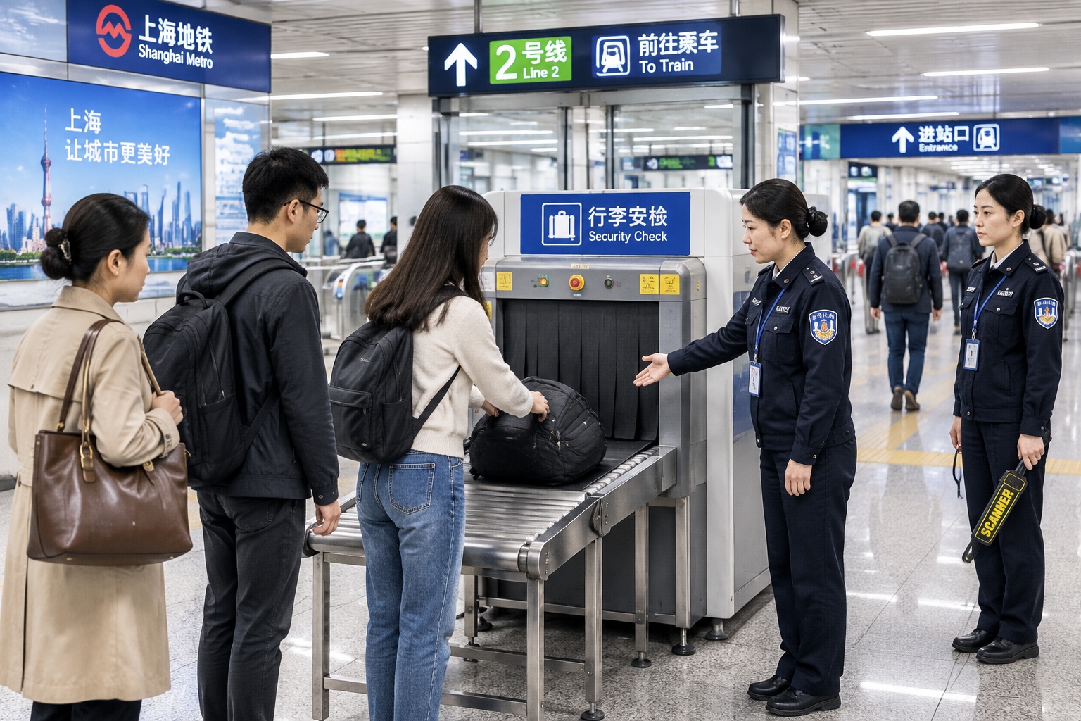 Why So Few Armed Police on Chinese Streets? An American Visitor's Surprise 23 Commuters placing bags on an X-ray scanner belt at the security checkpoint of a busy Shanghai metro station.