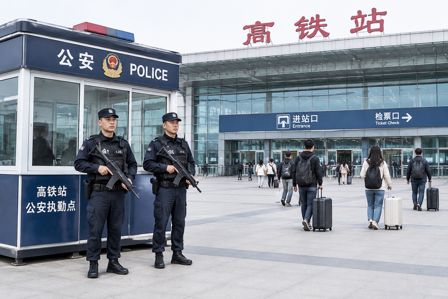 Why So Few Armed Police on Chinese Streets? An American Visitor's Surprise 25 Two armed tactical police officers standing at a fixed post outside a Chinese high-speed railway station while travelers walk past with luggage.