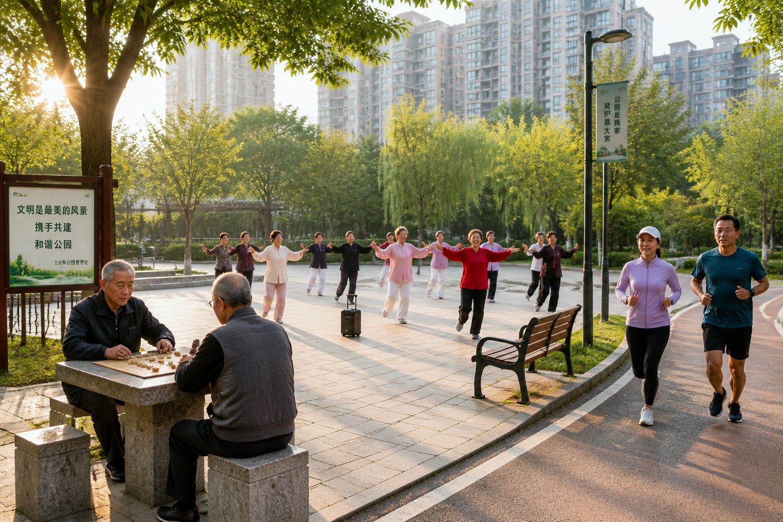 'Society Isn't Broken': The Biggest Comfort China Gave American Visitors 22 Elderly Chinese residents doing tai chi and dancing in a city park at 7 a.m., with benches, trees and apartment buildings behind them
