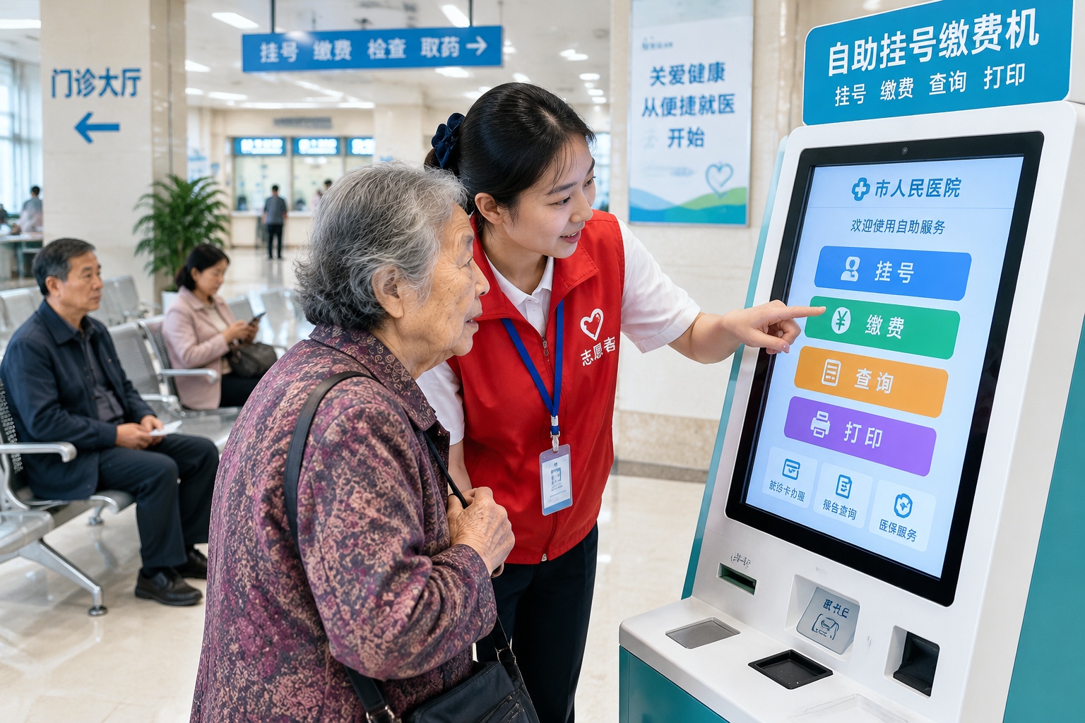 'Society Isn't Broken': The Biggest Comfort China Gave American Visitors 23 A young volunteer helping an elderly woman use a Chinese-language self-service kiosk in a hospital lobby while other patients wait nearby