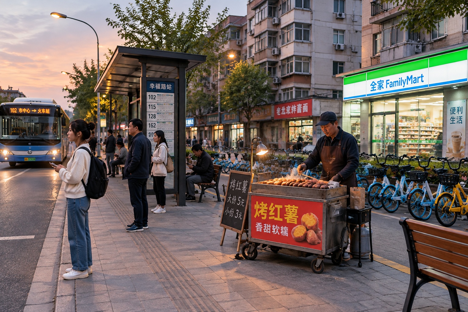 'Society Isn't Broken': The Biggest Comfort China Gave American Visitors 24 A Chinese neighborhood street at dusk with people at a bus stop, parked shared bikes, a roasted sweet potato vendor and benches under streetlights