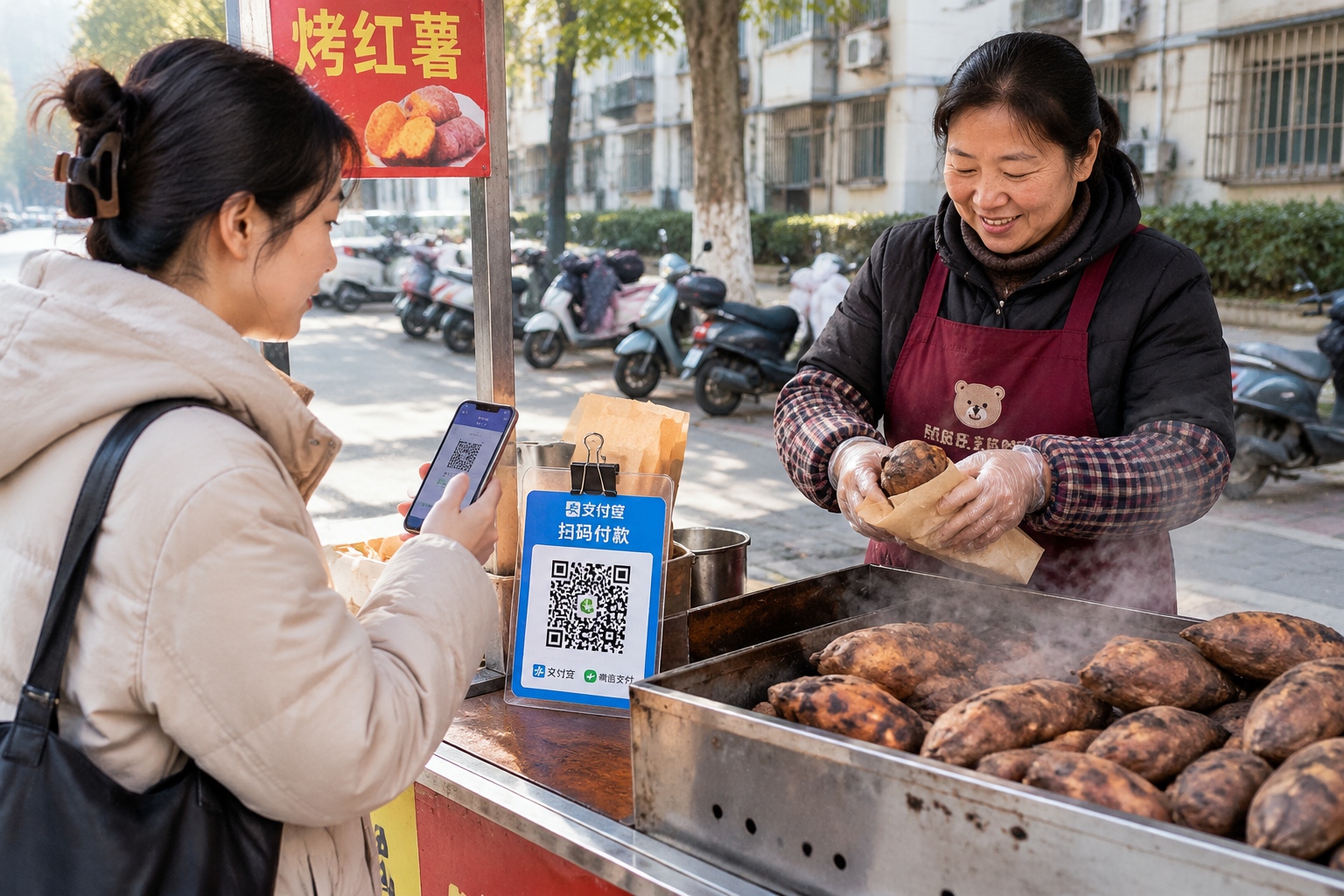 When Americans See 'Another Possibility' in China: Lessons from a 10-Day Journey 22 A customer scans a QR code payment sign at a street food stall in a Chinese city while the vendor wraps food