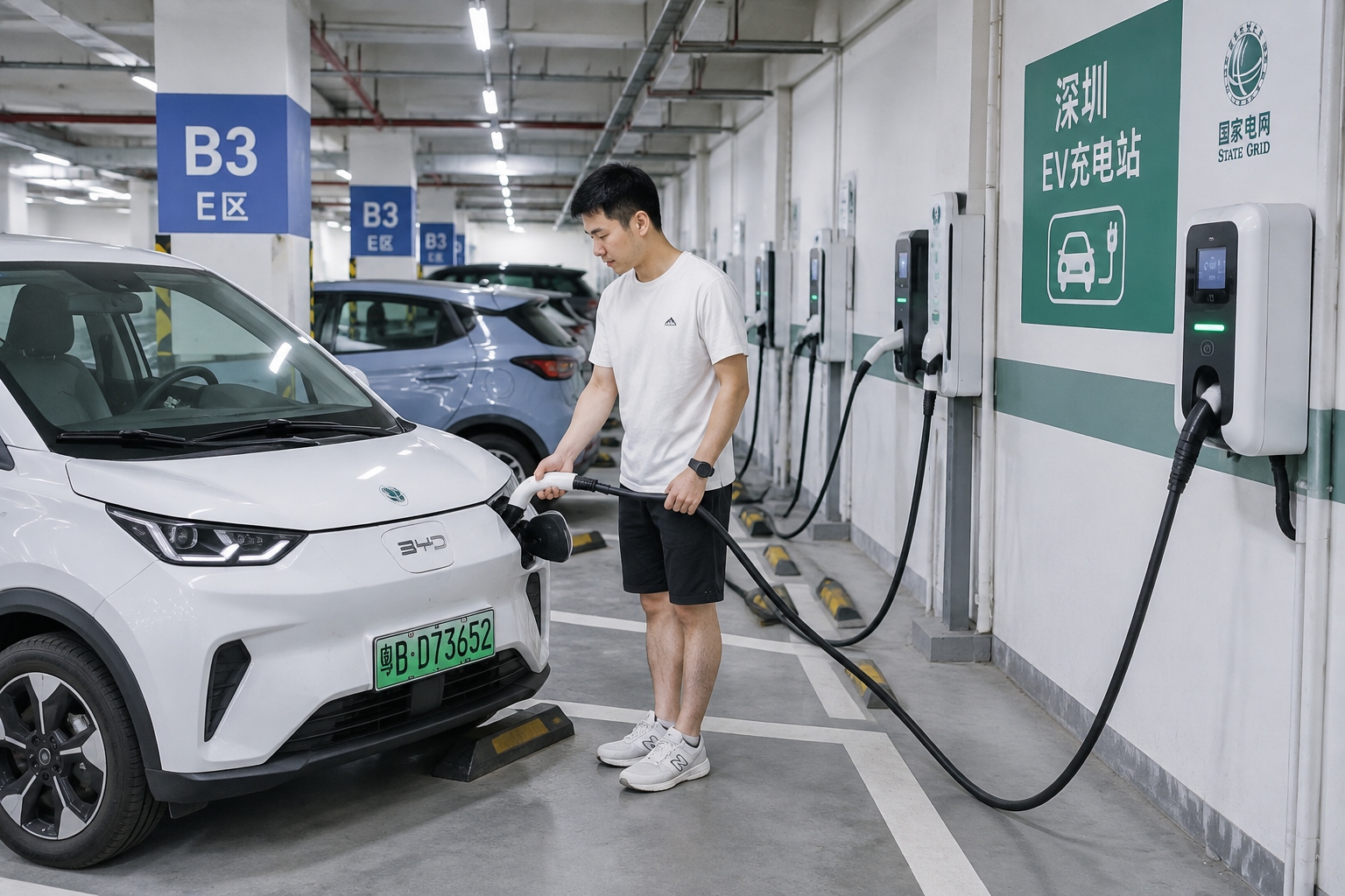 When Americans See 'Another Possibility' in China: Lessons from a 10-Day Journey 23 A row of electric vehicle charging posts in an underground residential parking garage in Shenzhen with compact EVs plugged in