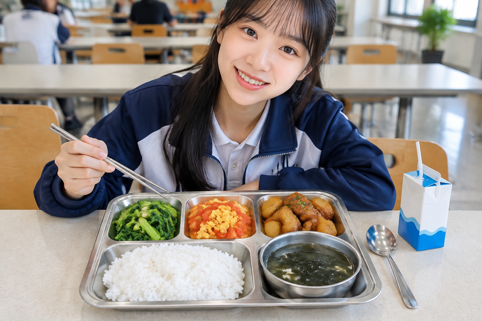 Korean Students Yawn, Foreigners Hit Pause: Why a Plain Chinese School Lunch Stopped the Scroll 22 A stainless steel school lunch tray with rice, stir-fried greens, tomato and egg, braised chicken and a bowl of soup on a Chinese school canteen table.