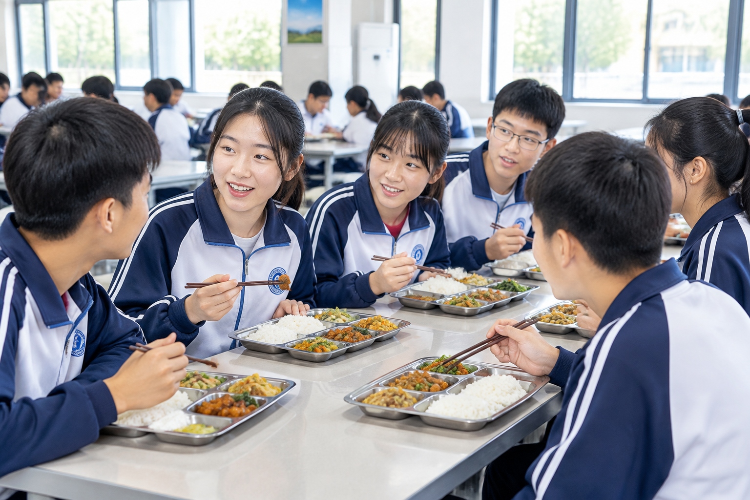 Korean Students Yawn, Foreigners Hit Pause: Why a Plain Chinese School Lunch Stopped the Scroll 23 Chinese middle school students eating lunch and chatting at long tables in a busy school canteen.