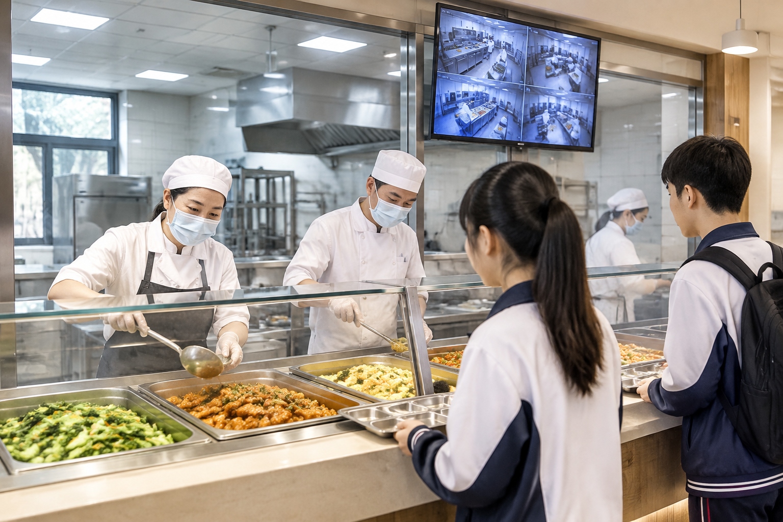 Korean Students Yawn, Foreigners Hit Pause: Why a Plain Chinese School Lunch Stopped the Scroll 24 Canteen staff in white uniforms serving hot dishes behind a counter, with a wall screen showing live kitchen camera footage.