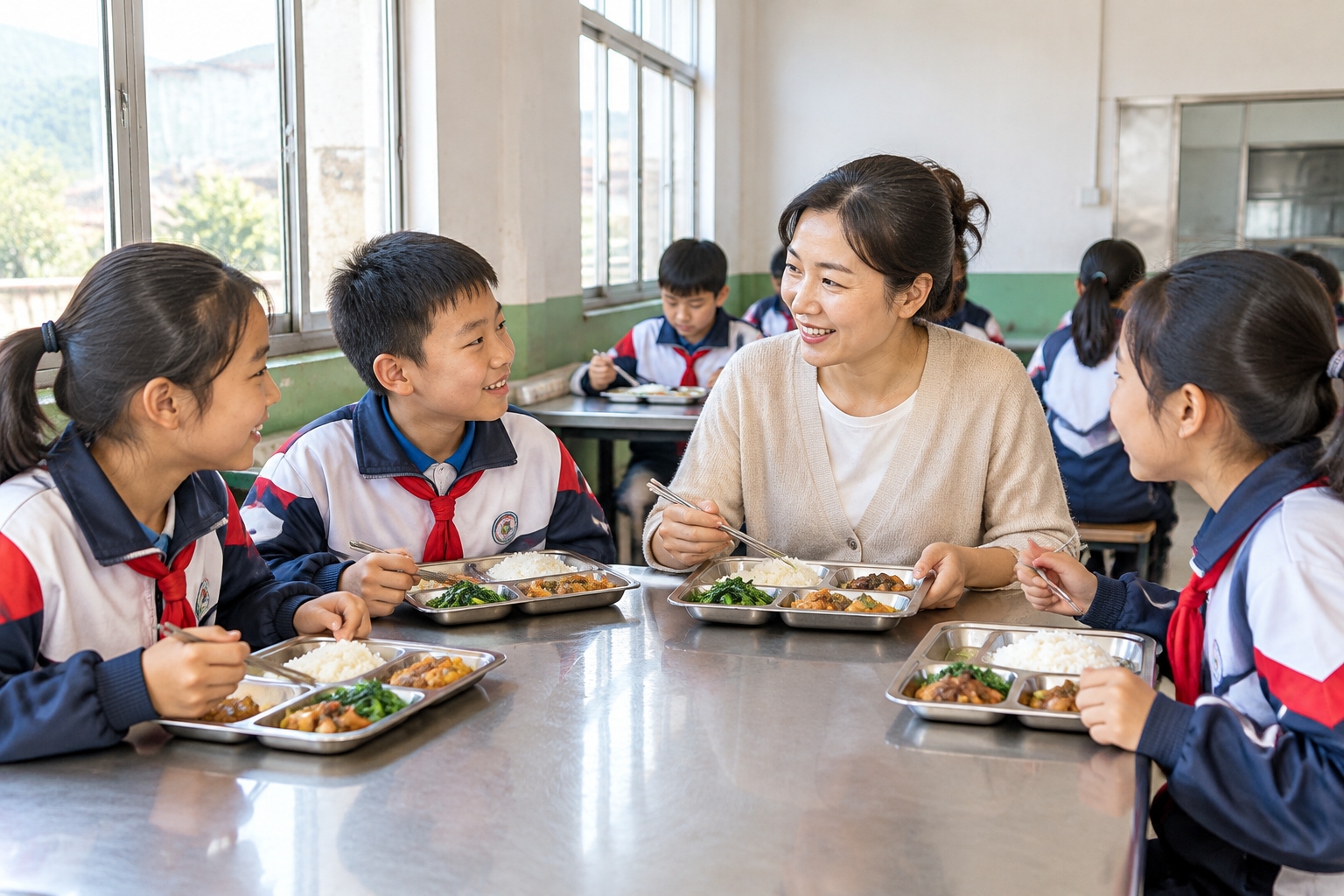 Korean Students Yawn, Foreigners Hit Pause: Why a Plain Chinese School Lunch Stopped the Scroll 25 A teacher eating the same school lunch alongside students at simple tables in a rural Chinese school canteen.