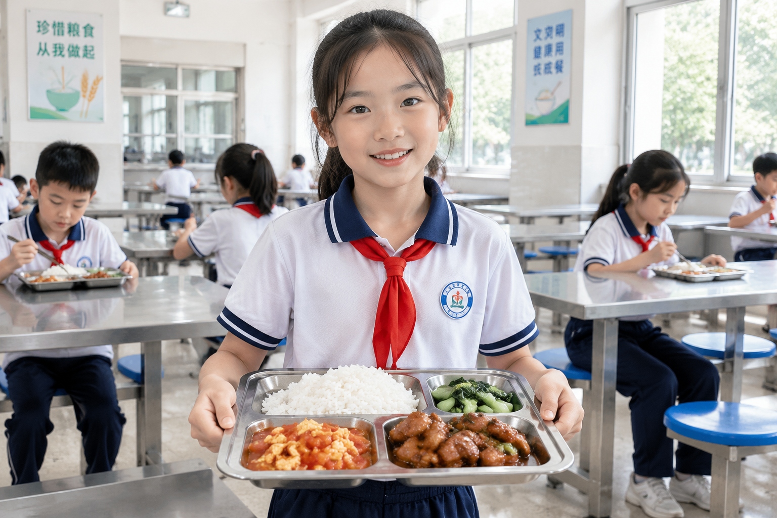 That Spoonful of Greens Traveled a Thousand Kilometers: The Invisible Supply Chain Behind China's School Lunches 22 A student holding a lunch tray with rice, vegetables, and meat in a Chinese school cafeteria.