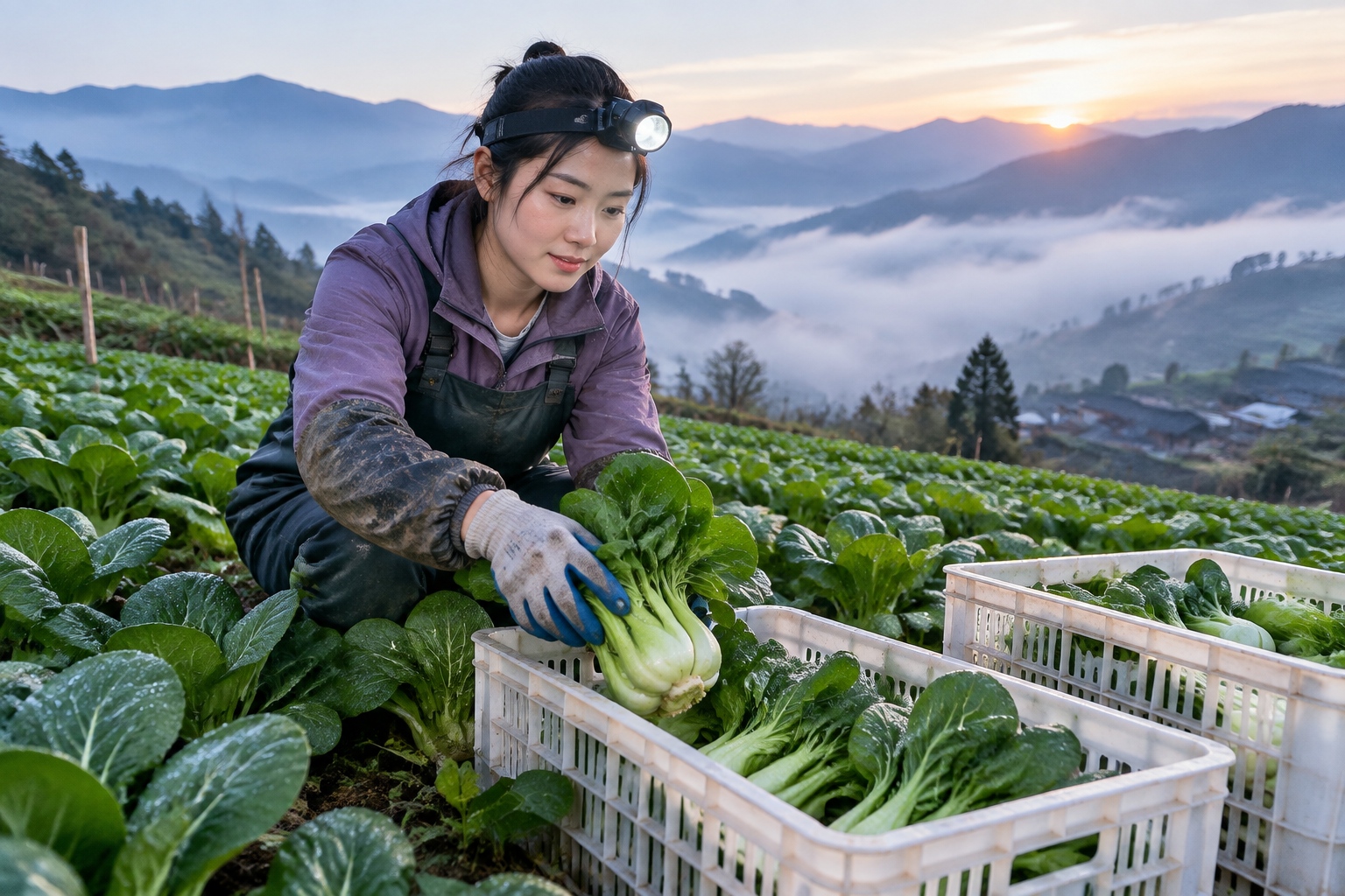 That Spoonful of Greens Traveled a Thousand Kilometers: The Invisible Supply Chain Behind China's School Lunches 23 A farmer harvesting bok choy by headlamp in a Yunnan vegetable field at dawn.
